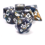 Set of polyhedral dice with blue and gold color scheme on a white background