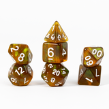 Set of polyhedral dice with brown and green marbled pattern on a white background