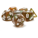 Set of polyhedral dice with brown and green color scheme on a white background
