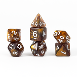Set of polyhedral dice with brown and gold color scheme on a white background