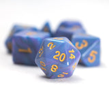 Blue polyhedral dice with orange numbers on a white background