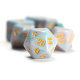 Set of polyhedral dice with blue and gray color scheme on a white background