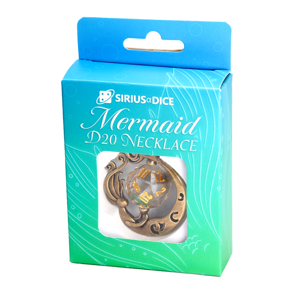Mermaid D20 necklace packaging with Sirius Dice logo on a white background