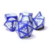 Blue polyhedral dice with white numbers on a white background