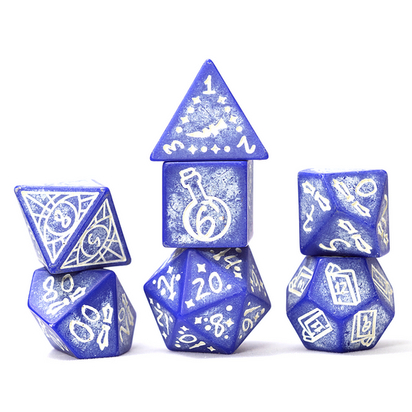 Set of blue polyhedral dice with white numbering and symbols on a white background