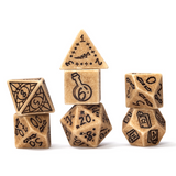 Set of brown polyhedral dice with black symbols on a white background
