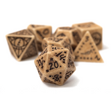 Set of brown polyhedral dice with black numbering on a white background