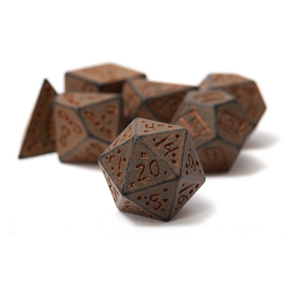 Set of polyhedral dice with metallic brown finish on a white background