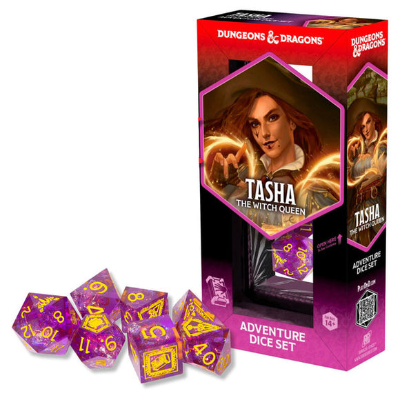 Dungeons & Dragons Tasha the Witch Queen adventure dice set packaging with dice displayed.