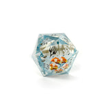D20 polyhedral dice with fantasy character designs on a white background