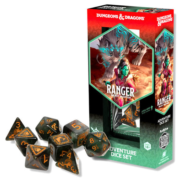 Dungeons & Dragons Ranger dice set packaging with dice on a white background