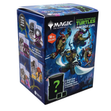 Magic: The Gathering Teenage Mutant Ninja Turtles Mini Dice Cups product box, featuring character artwork of Leonardo, Michelangelo, and Donnie on a dark blue background with collectible figures illustrated on the side.