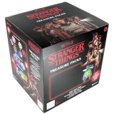 Netflix Stranger Things treasure packs box with character images and text on a white background