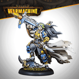 Warhammer figurine with weapon and banner displaying 'Warmachine' on a white background