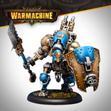 Warhammer 40K figurine with blue and gold armor on a gray background, featuring the Warmachine logo.