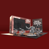 Tabletop gaming figures and packaging with 'Local Legends' branding on a red background