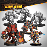 Warhammer 40K miniatures with 'Warmachine' branding on a gray background
