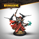 Warhammer figurine with red cape and blue weapon on a white background, featuring 'Warmachine' logo.