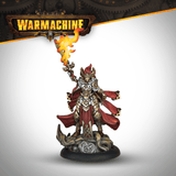 Warhammer figurine with fiery weapon on a white background, featuring the Warmachine logo.