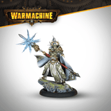 Warhammer figurine with a blue weapon on a white background, featuring the Warmachine logo.