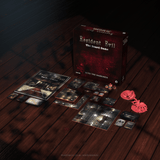 Resident Evil board game set on a wooden surface with dark lighting