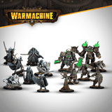 Collection of Warhammer figurines with 'Warmachine' logo above