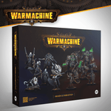Warhammer figurine set packaging with 'Warmachine' branding on a gray background