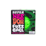 Box of Super Nee Doh Fuzz Ball with colorful text and a green ball on a white background