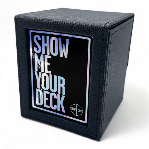 Black card deck box with 'Show Me Your Deck' text on a white background