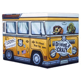 Yellow van-shaped box with road trip-themed graphics on a white background