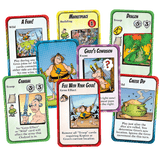 Collection of Groo-themed cards with colorful illustrations and text on a white background