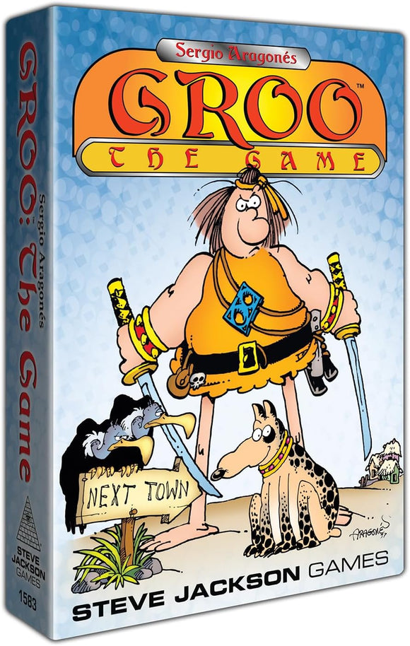Box for 'GROO: The Game' by Steve Jackson Games featuring a cartoon character with weapons and a dog.