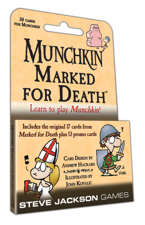 Munchkin Marked for Death card game packaging with cartoon characters on a beige background