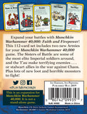 Back cover of Munchkin Warhammer 40,000 card game expansion with text and graphics.