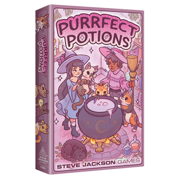 Box of 'Purrfect Potions' game by Steve Jackson Games with cartoon characters and cats around a cauldron.