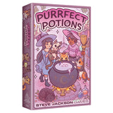 Box of 'Purrfect Potions' game by Steve Jackson Games with cartoon characters and cats around a cauldron.
