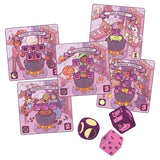 Set of colorful game cards and dice on a white background