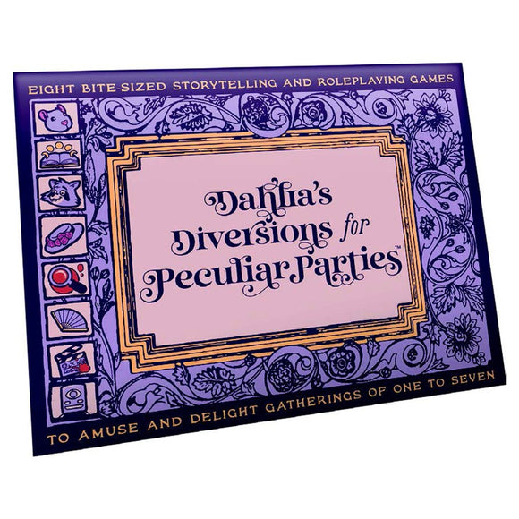 Game box titled 'Dahlia's Diversions for Peculiar Parties' with decorative purple border and text.