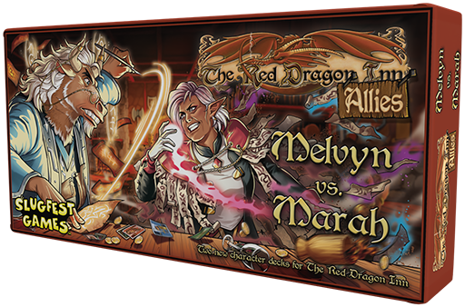 Board game box for 'The Red Dragon Inn Allies' featuring characters Melvyn and Marah.