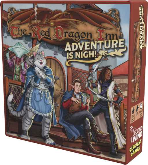 Board game box for 'The Red Dragon Inn' with characters and text on a white background