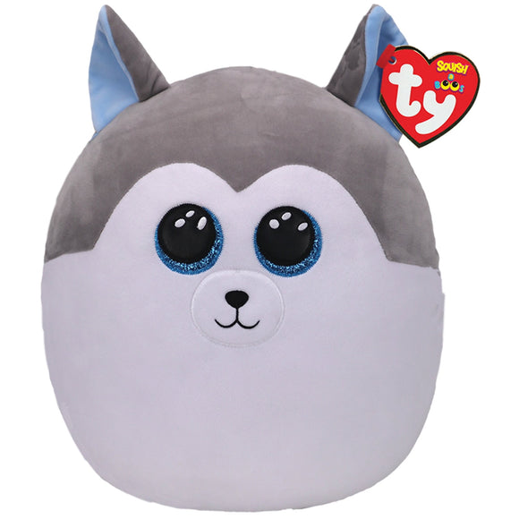 Plush toy husky with gray and white fur, black eyes, and blue accents on a white background.