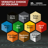 Hexagonal color swatches with names on a dark background