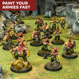 Miniature figures on a battlefield with 'Paint Your Armies Fast' text at the top.