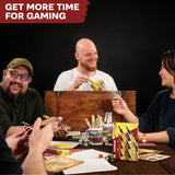 People playing a board game with gaming accessories on a table, text 'Get More Time for Gaming' at the top.