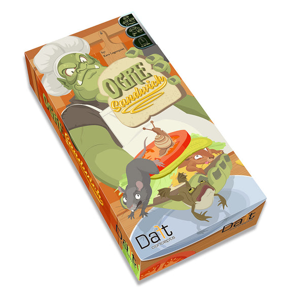 Board game box for 'Ogre Sandwich' by Delt, featuring cartoonish illustrations of a sandwich and animals.