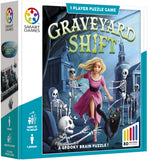 Graveyard Shift puzzle game box with a woman and skeletons on a white background