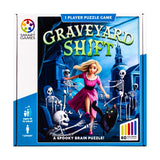 Box of 'Graveyard Shift' puzzle game with a woman and skeletons on a blue background