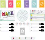 MASH game components including cards, markers, and a notebook on a white background
