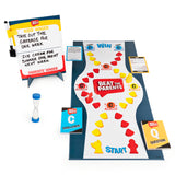 Game board with various components for 'Beat the Parents' challenge on a white background