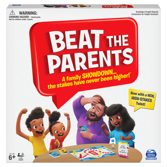 Board game box for 'Beat the Parents' with cartoon characters and text on a white background